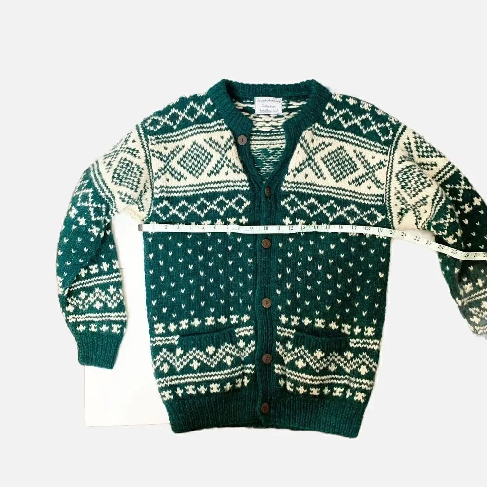 Vintage Joseph Anthony Collection Handknitted Wool Cardigan Sweater Green Cream